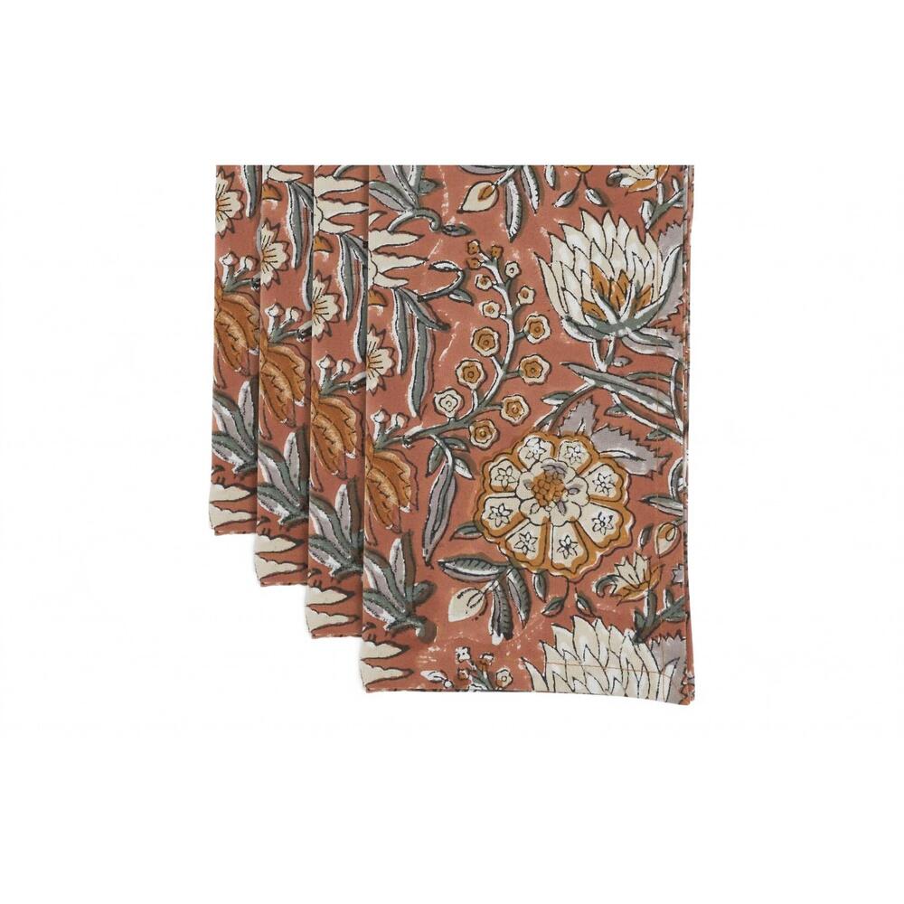NEW SARO LIFESTYLE botanical pattern cotton napkins - set of 4 in rust